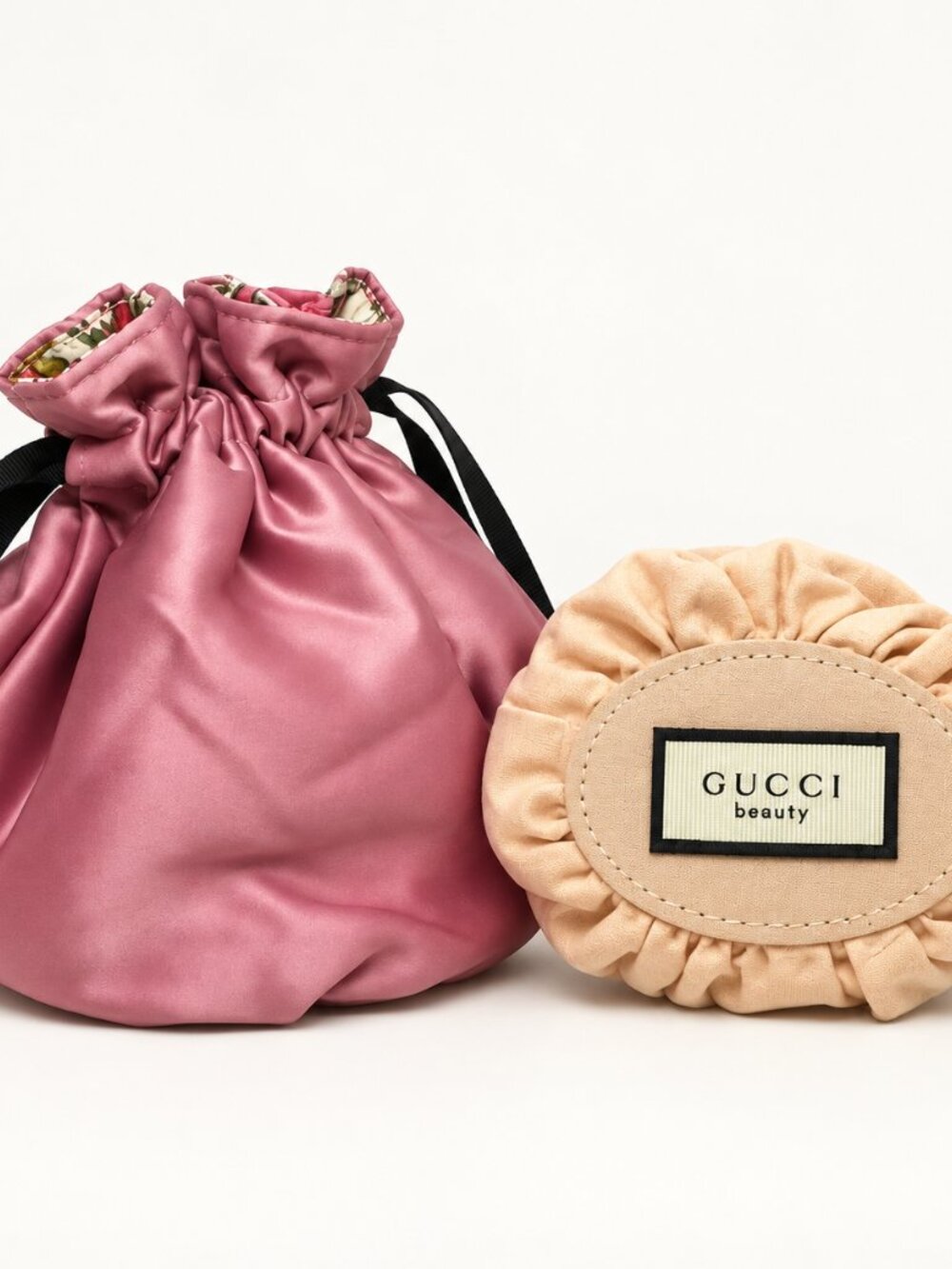 Gucci Beauty Cosmetic Pouch Set of 2 Pink & Beige Drawstring Bags 0892